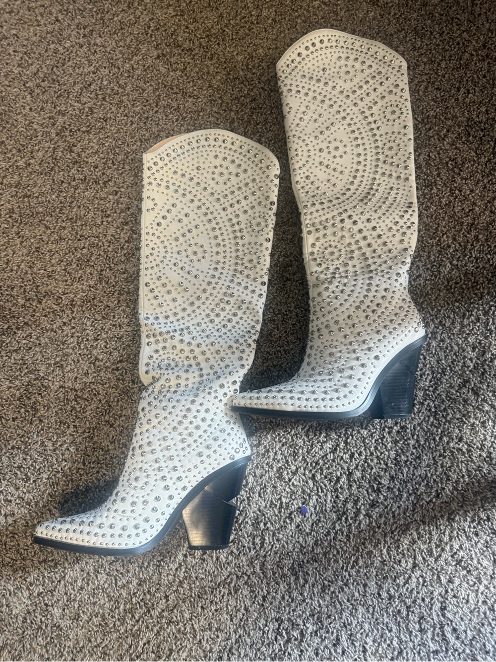 Azalea Wang Studded White Knee-High Heeled  Boots , 8.5